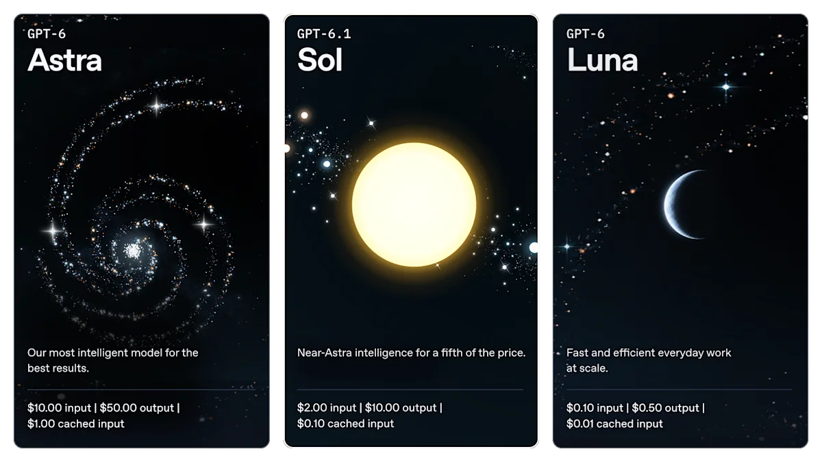 OpenAI 官方 GPT-6.1 Sol、GPT-6 Astra 与 GPT-6 Luna 价格对比图